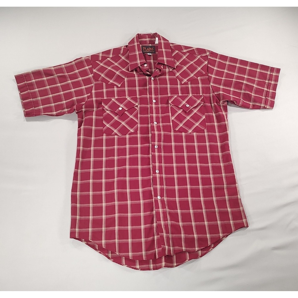 Plains Western Wear Mens Red Windowpane Pearl Snap Shirt Small Short Sleeve
